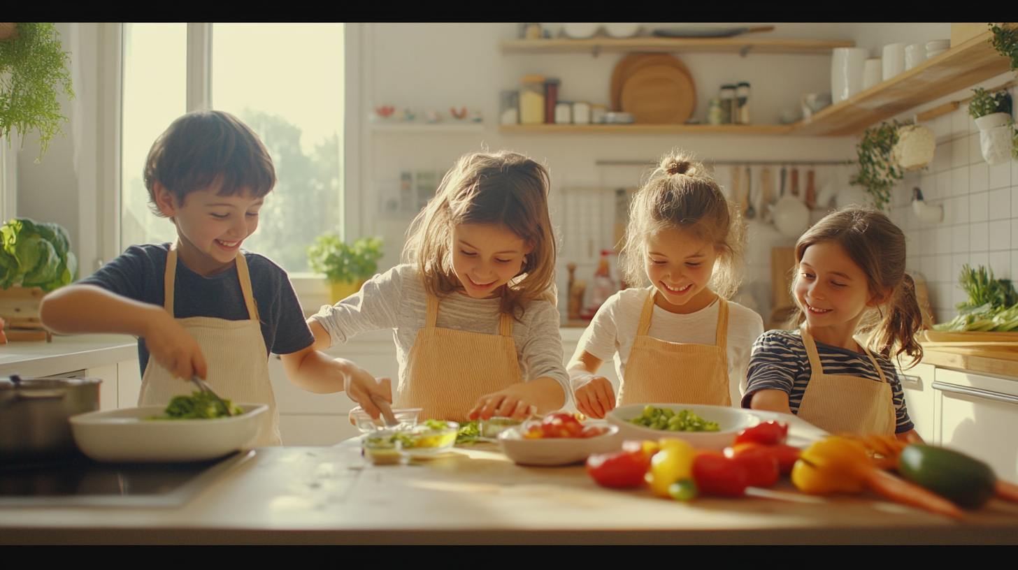 French Children Cooking Together in Bright Kitchen