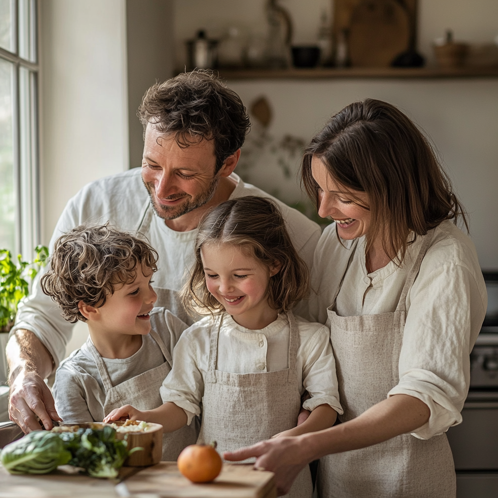 French Family Cooking Together in Modern Kitchen