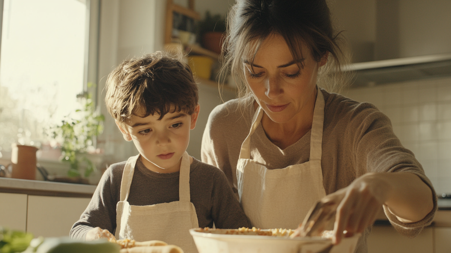 French Mother and Son Cooking Together in Kitchen