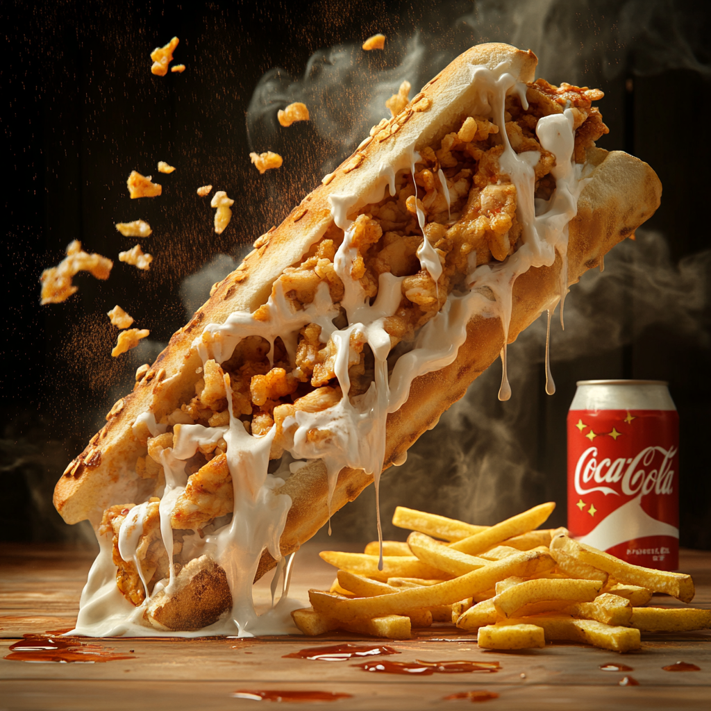 French Tacos Galette with chicken, fries, cheese sauce advertisement.