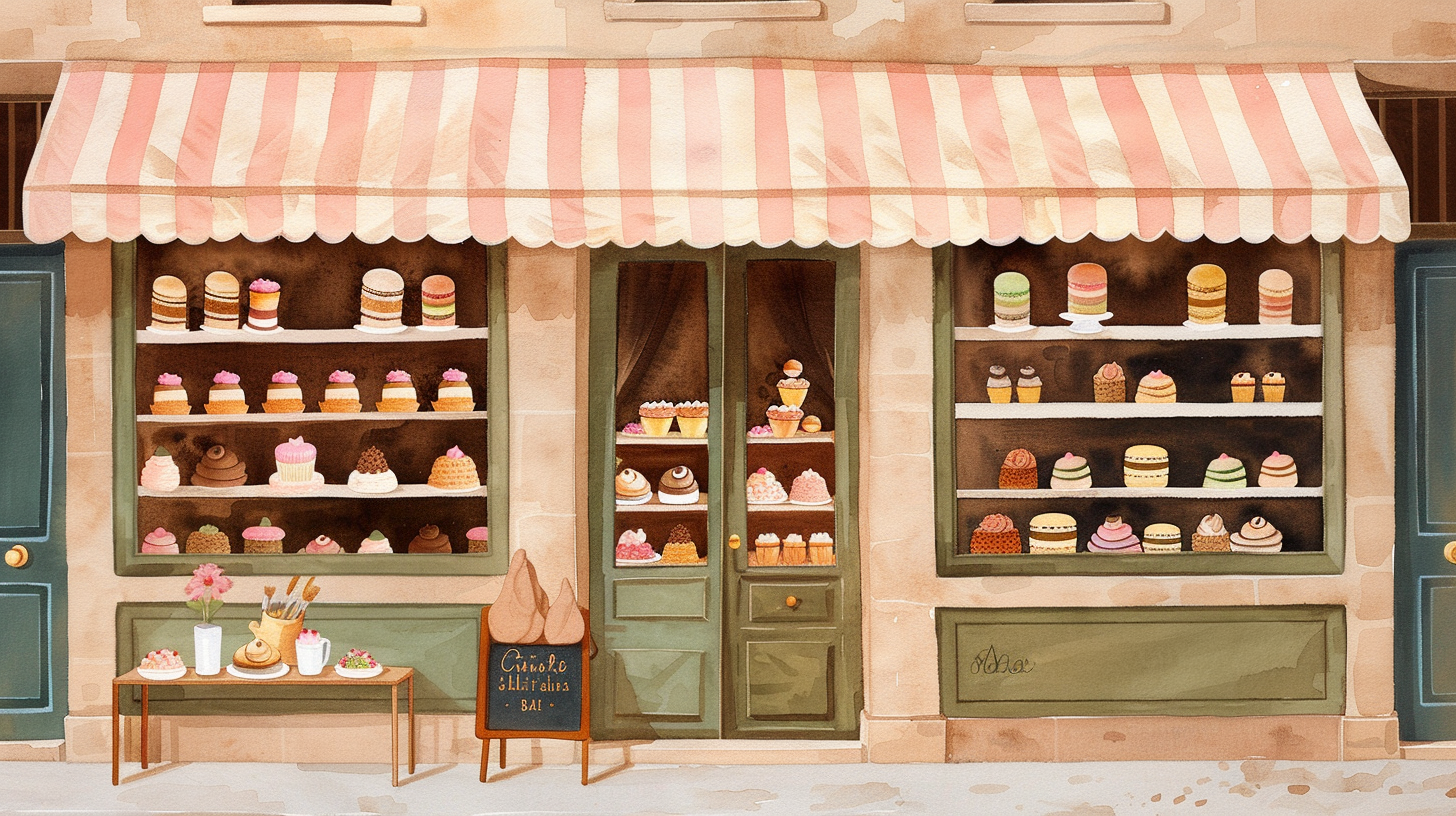 French bakery painting with sweets, cozy atmosphere, HD quality.