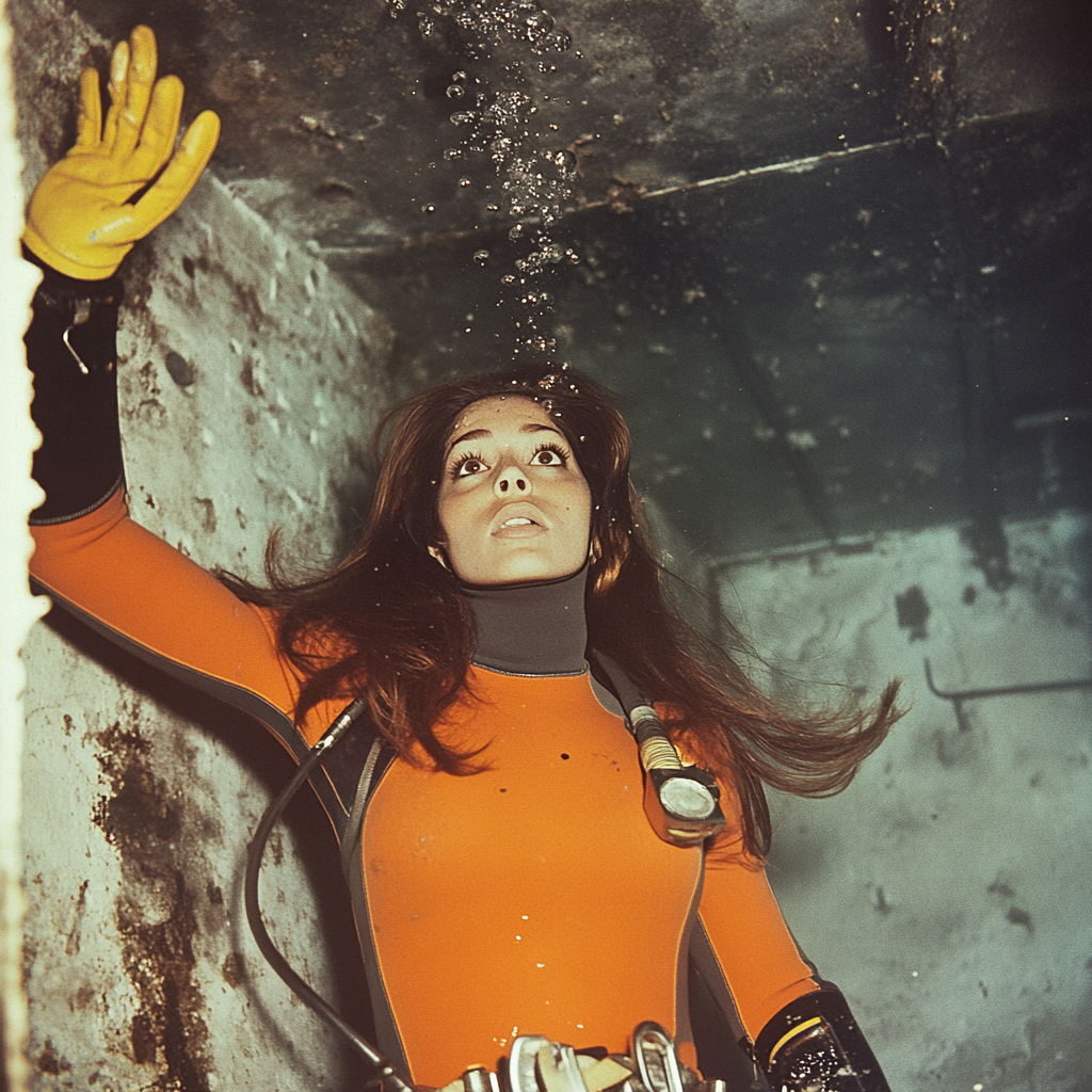 French brunette diver exploring sunken ship in colorful gear.