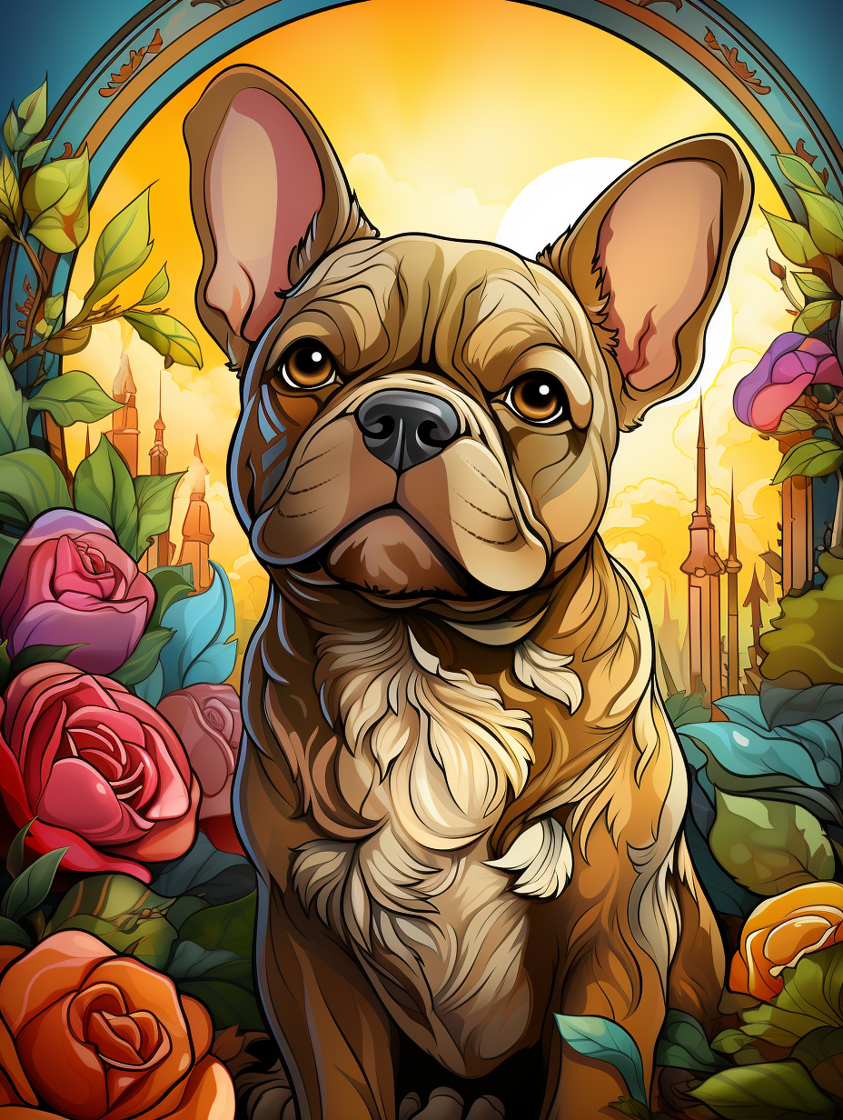 French bulldog with expressive eyes in doodle art style.