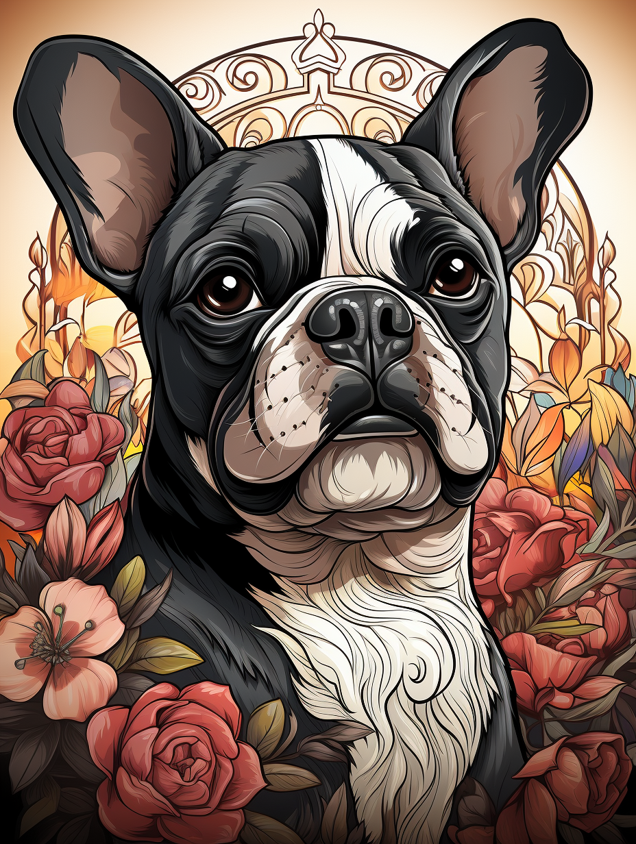 French bulldog with expressive eyes in intricate doodle style.