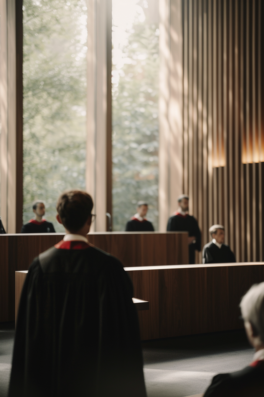 French courtroom with educators, judges, lawyers, prosecutor attentive.