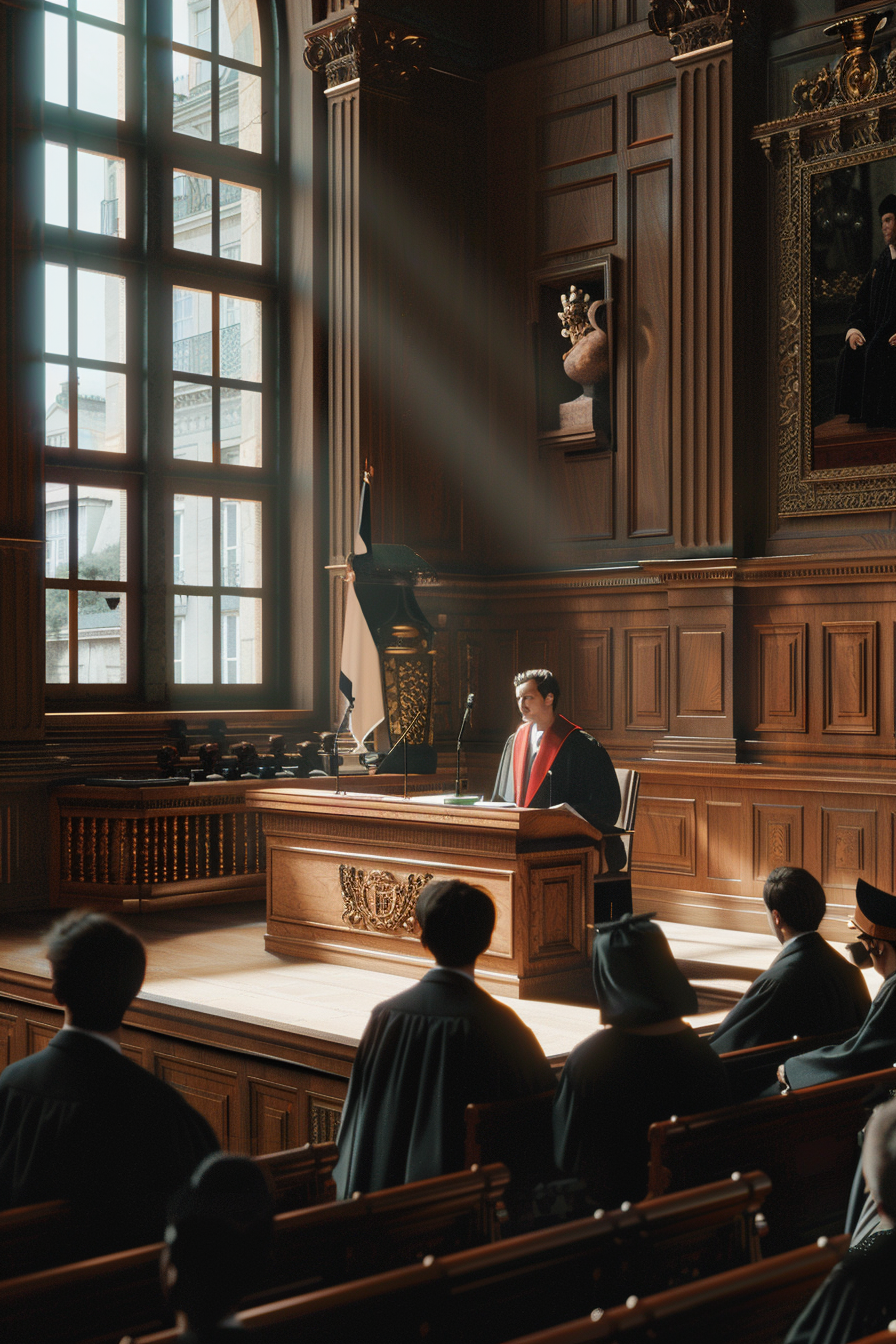 French courtroom with judges, lawyers, traditional decor, lighting.