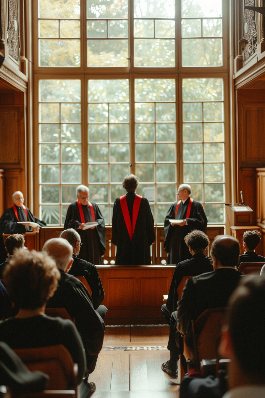 French courtroom with traditional decor, legal professionals present.