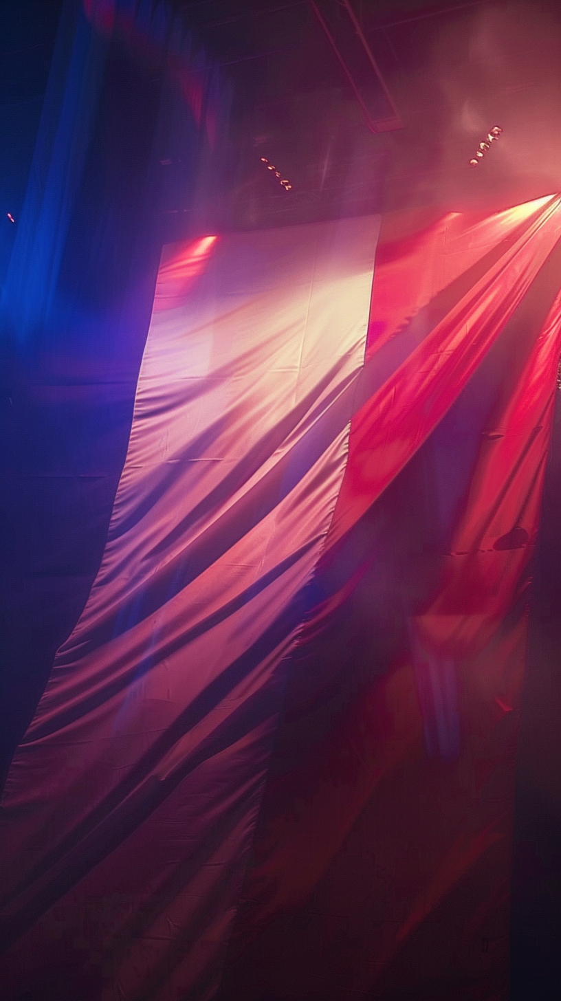 French flag illuminated by projector, vibrant and cinematic lighting.