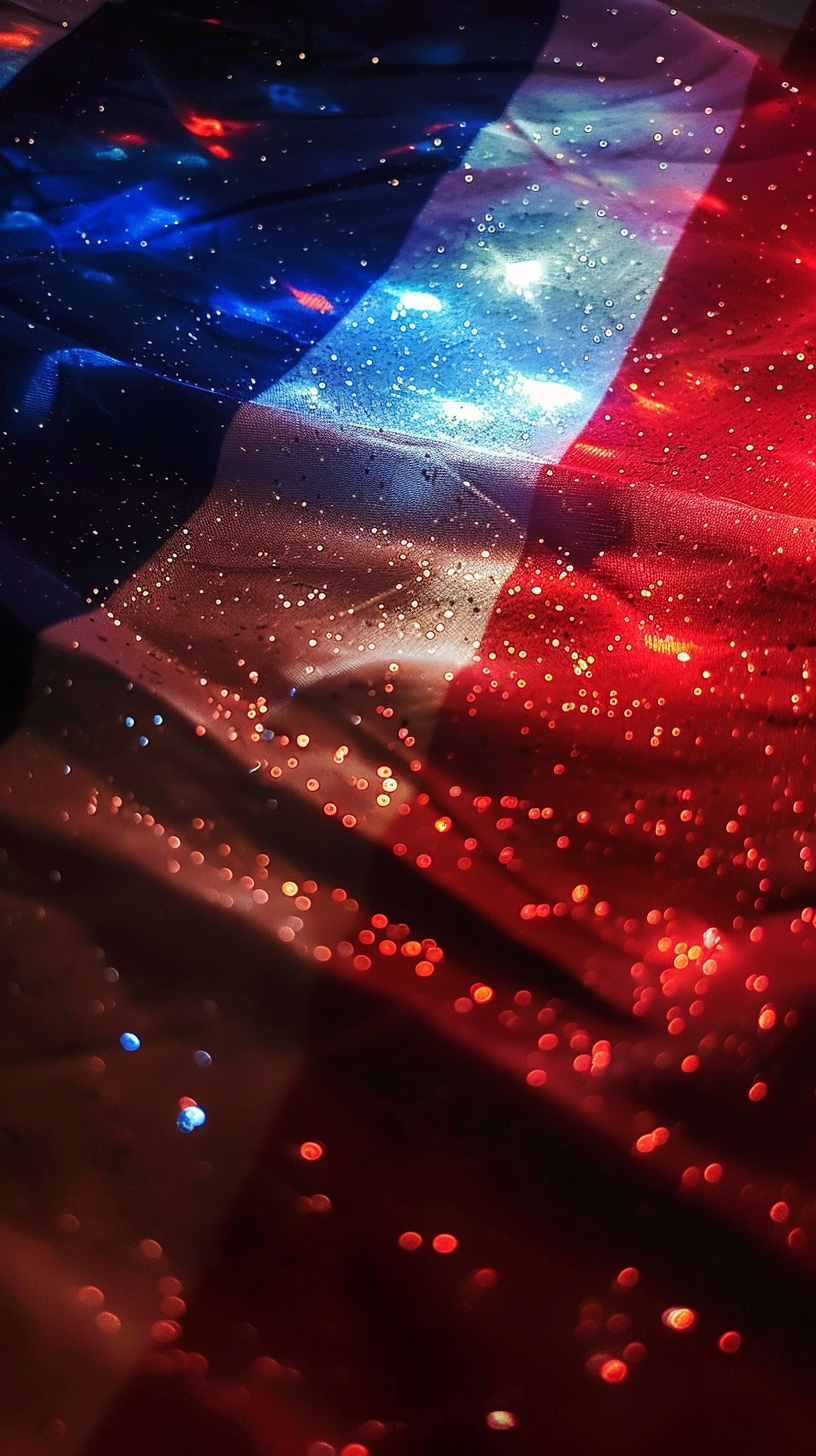 French flag illuminated by projector with glitter, realistic lighting.