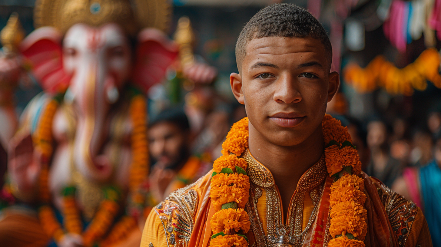 French football player in India, wearing traditional attire.