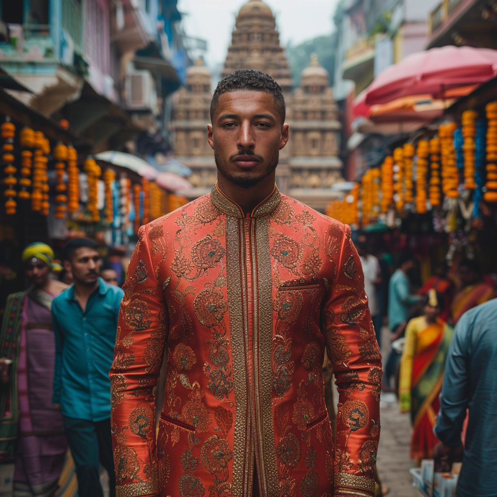 French football player in red sherwani at Indian festival.