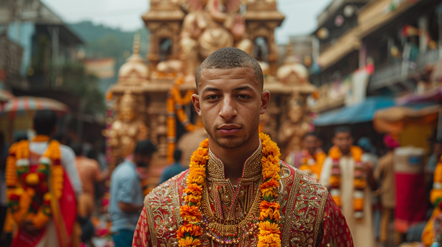 French footballer, Kylian Mbappé, in Indian sherwani, smiling.