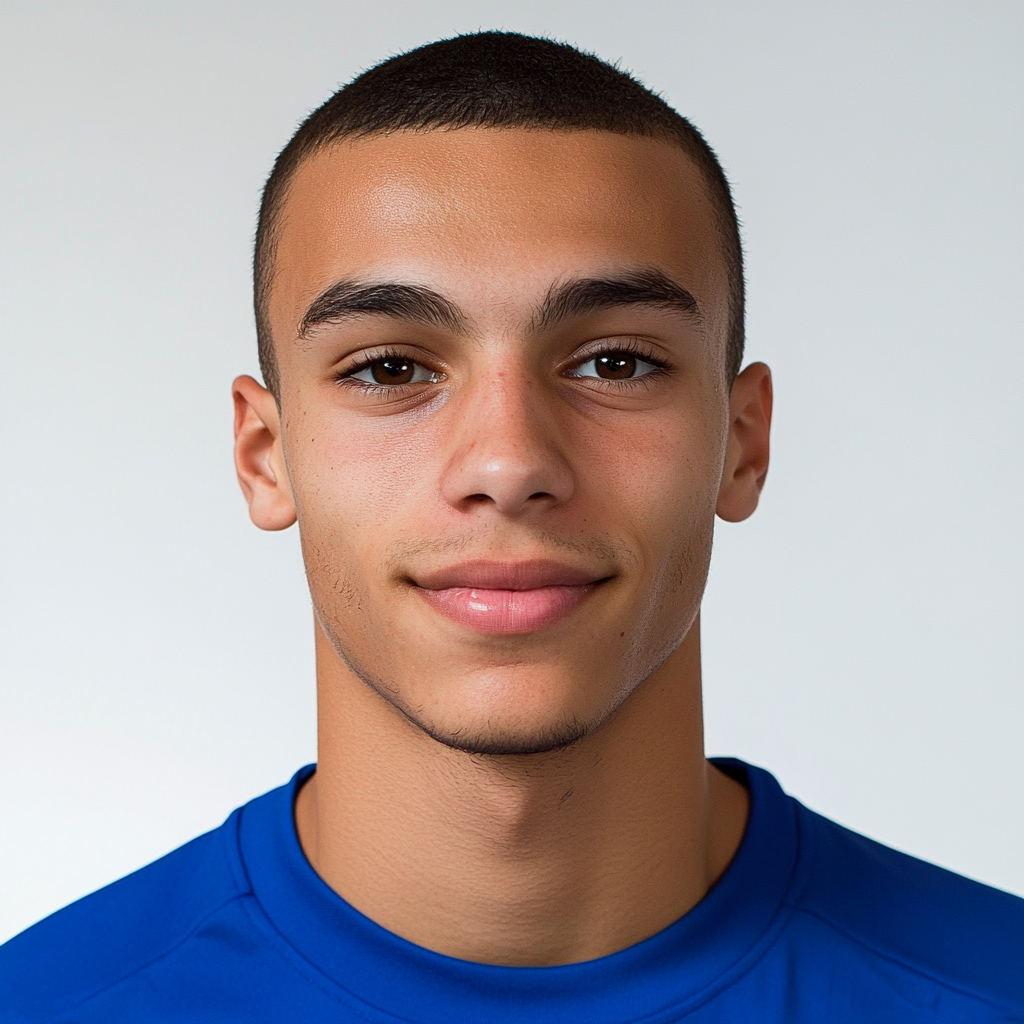 French footballer in blue shirt, smiling, short dark hair.