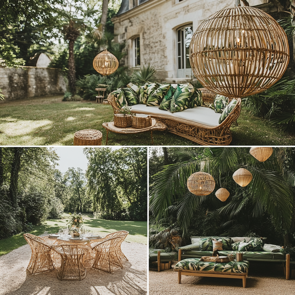 French garden wedding with tropical island theme