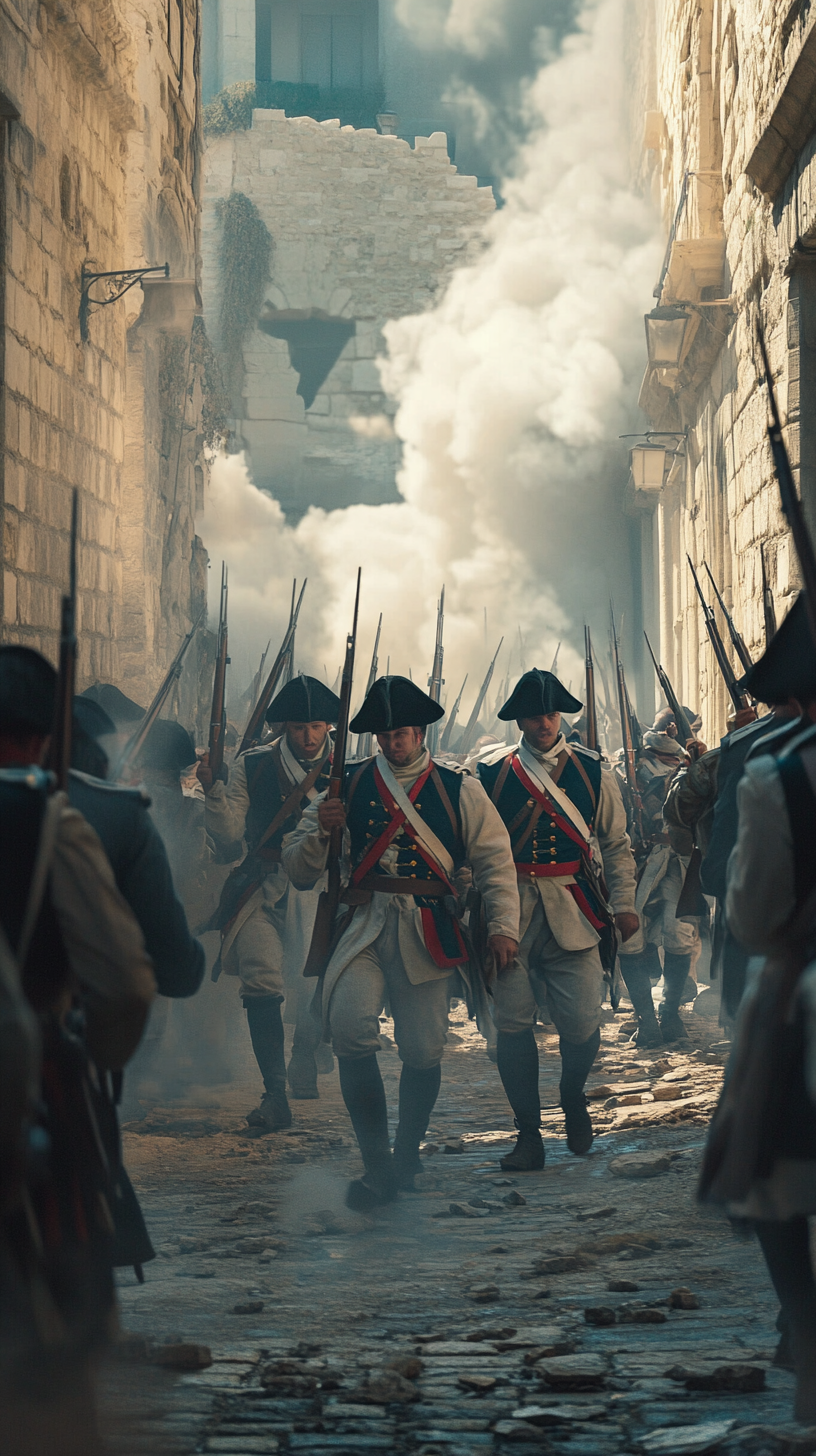 French soldiers storming Jaffa streets with weapons drawn.