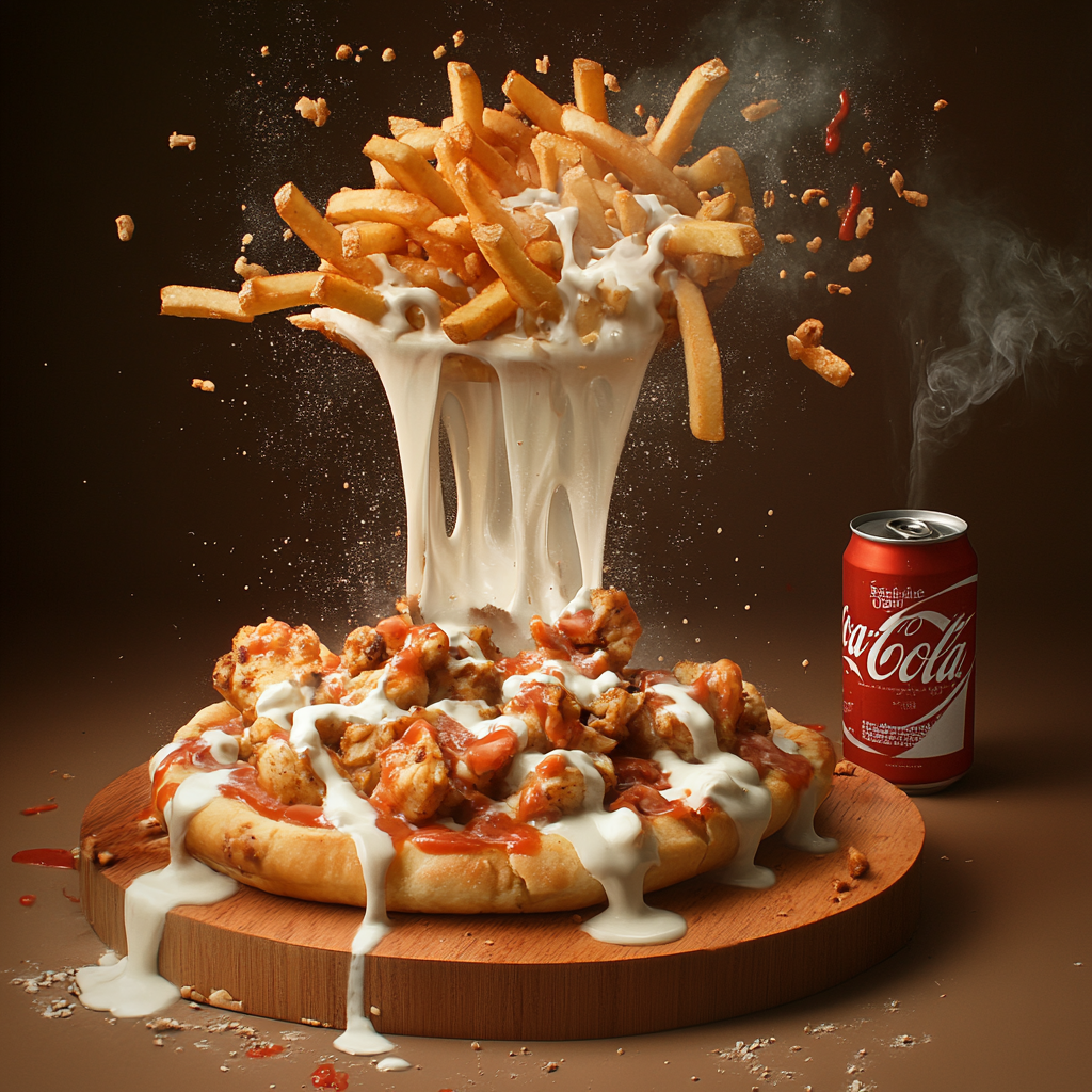 French tacos galette with chicken, fries, and white sauce. French fries, ketchup, Coca-Cola in artistic advertising design.