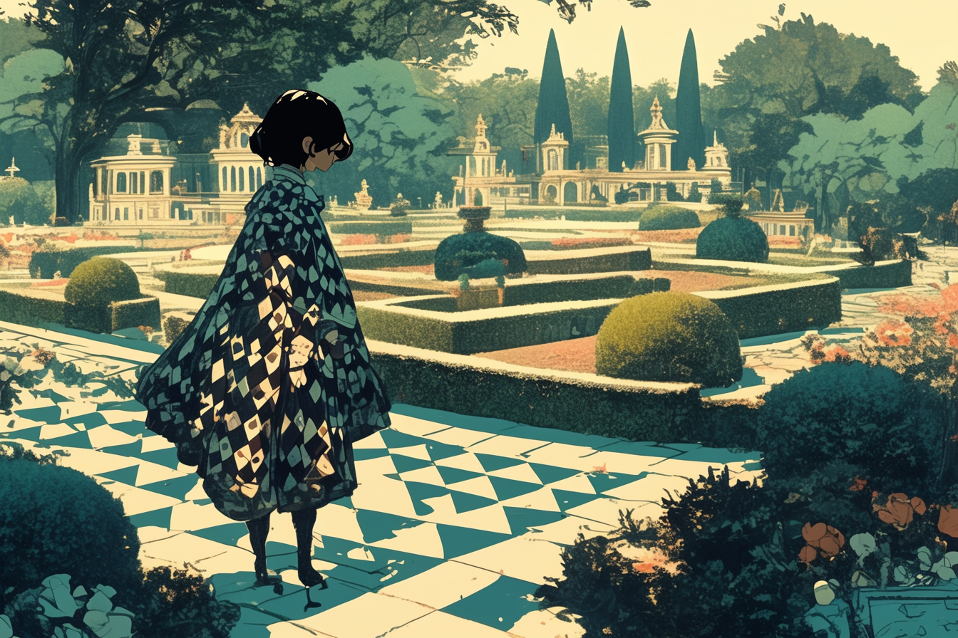 French woman with bob haircut, walking in palace garden.