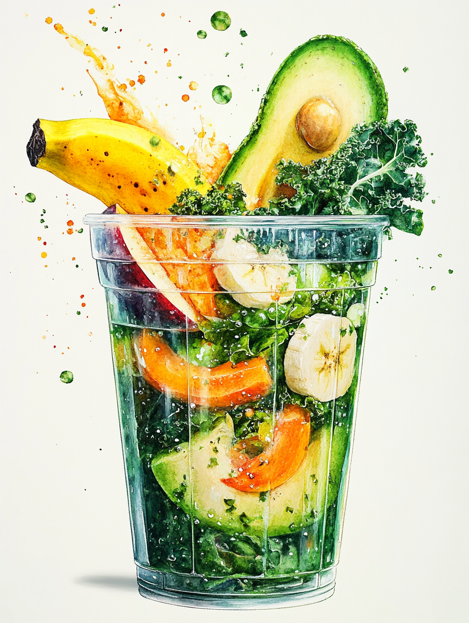 Fresh Juice with Avocado, Kale, Banana in Watercolour