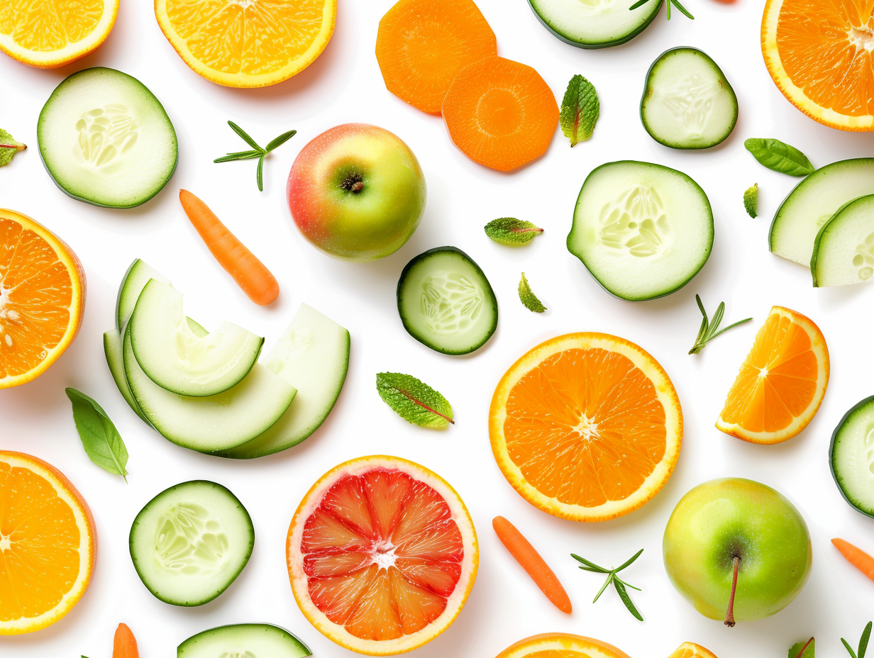 Fresh Sliced Fruits and Vegetables on White Background