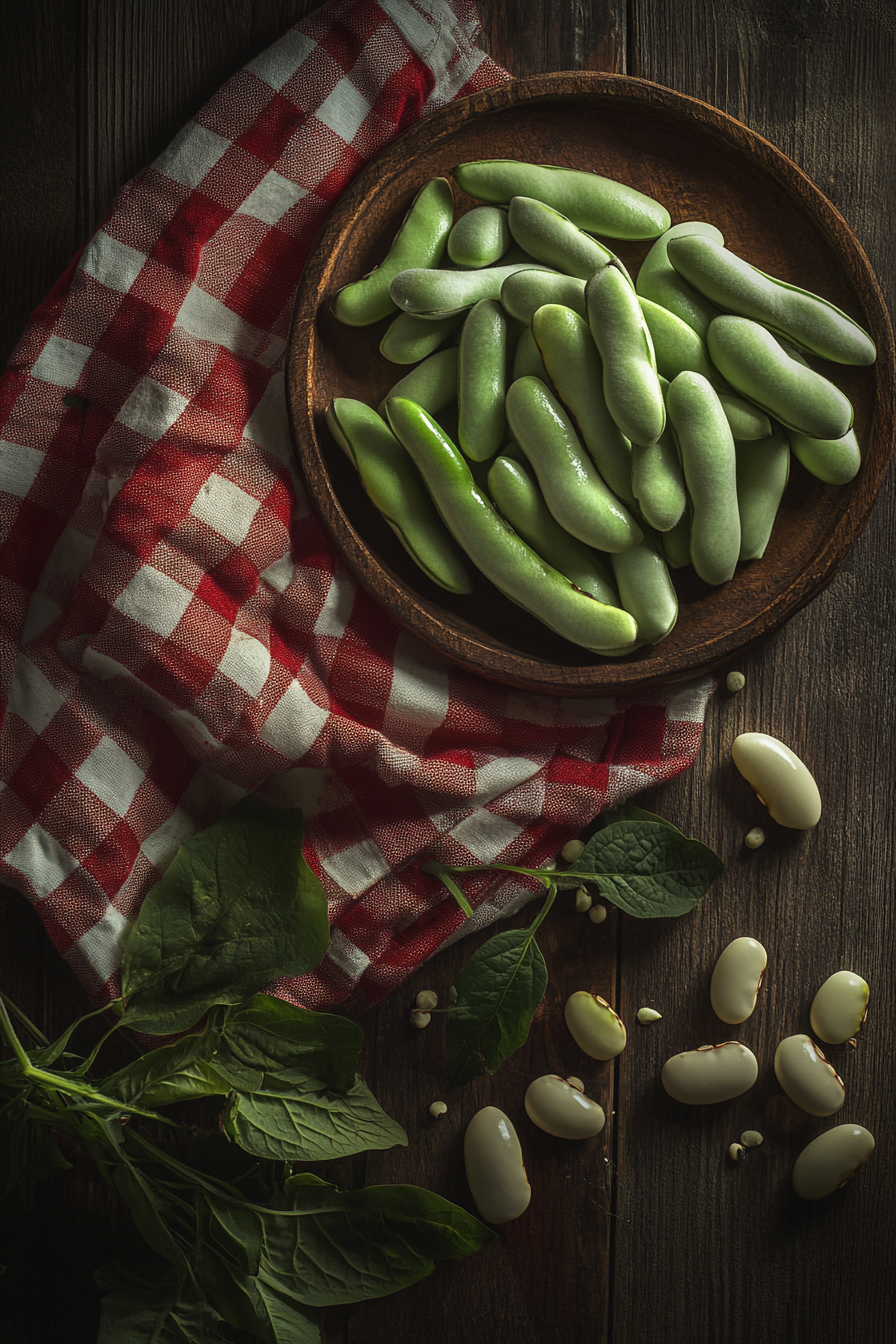 Fresh broad beans on table with fava beans.