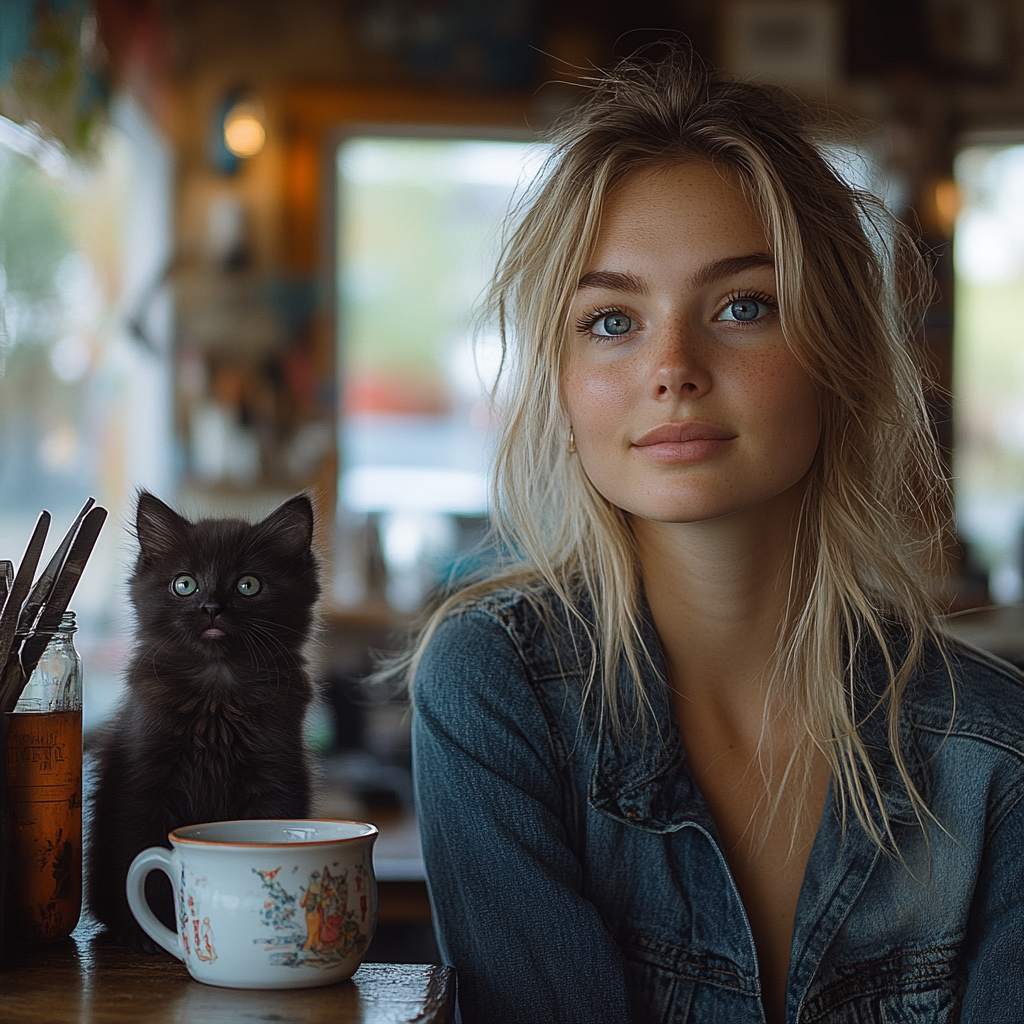 Fresh-faced woman in salon with skylights, denim, flannel.