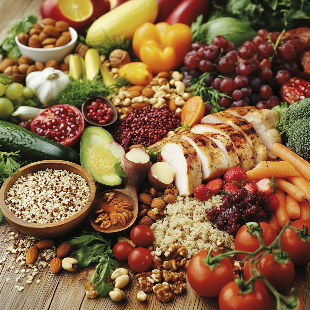 Fresh fruits and veggies displayed on wooden table setting.