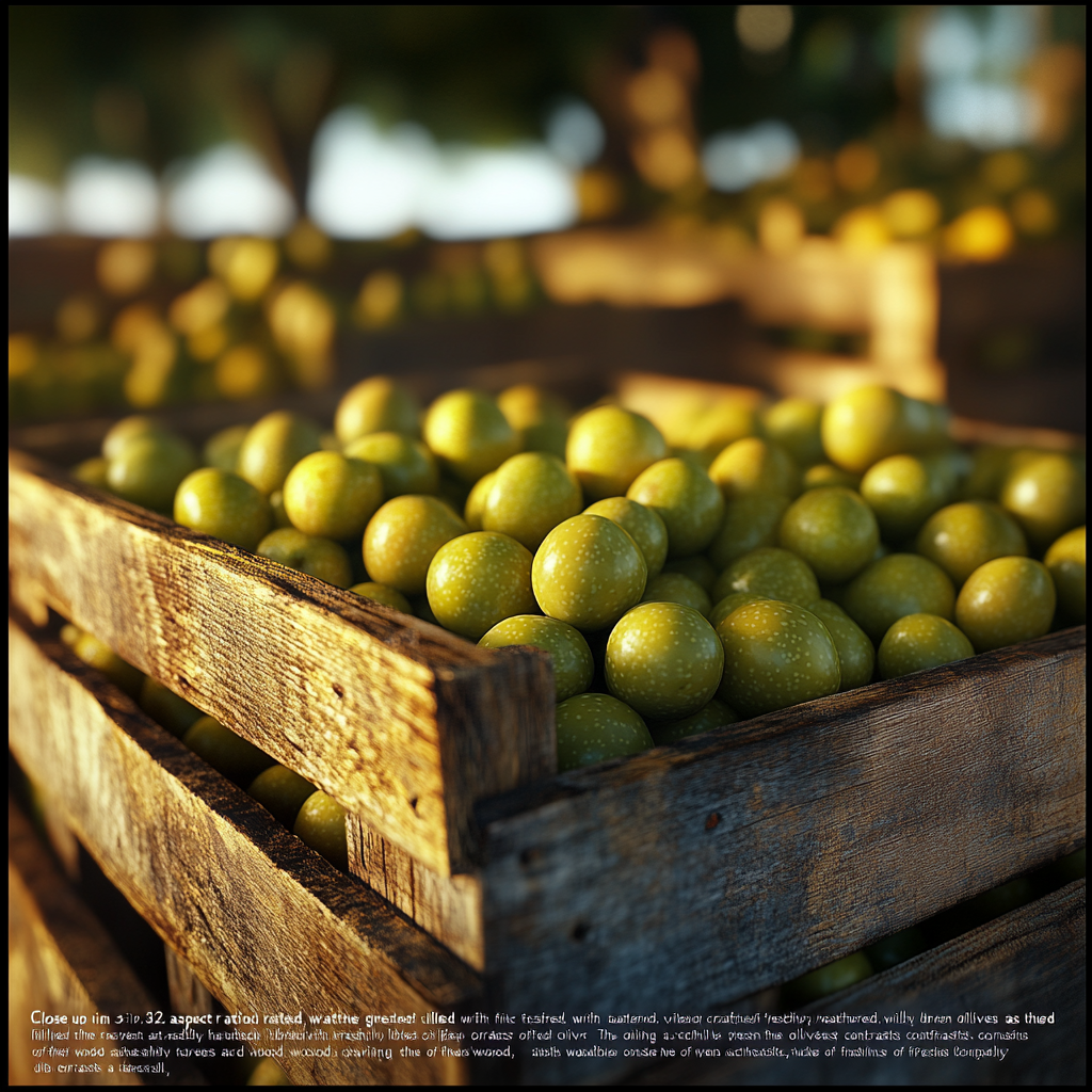 Fresh green olives in crates under golden light