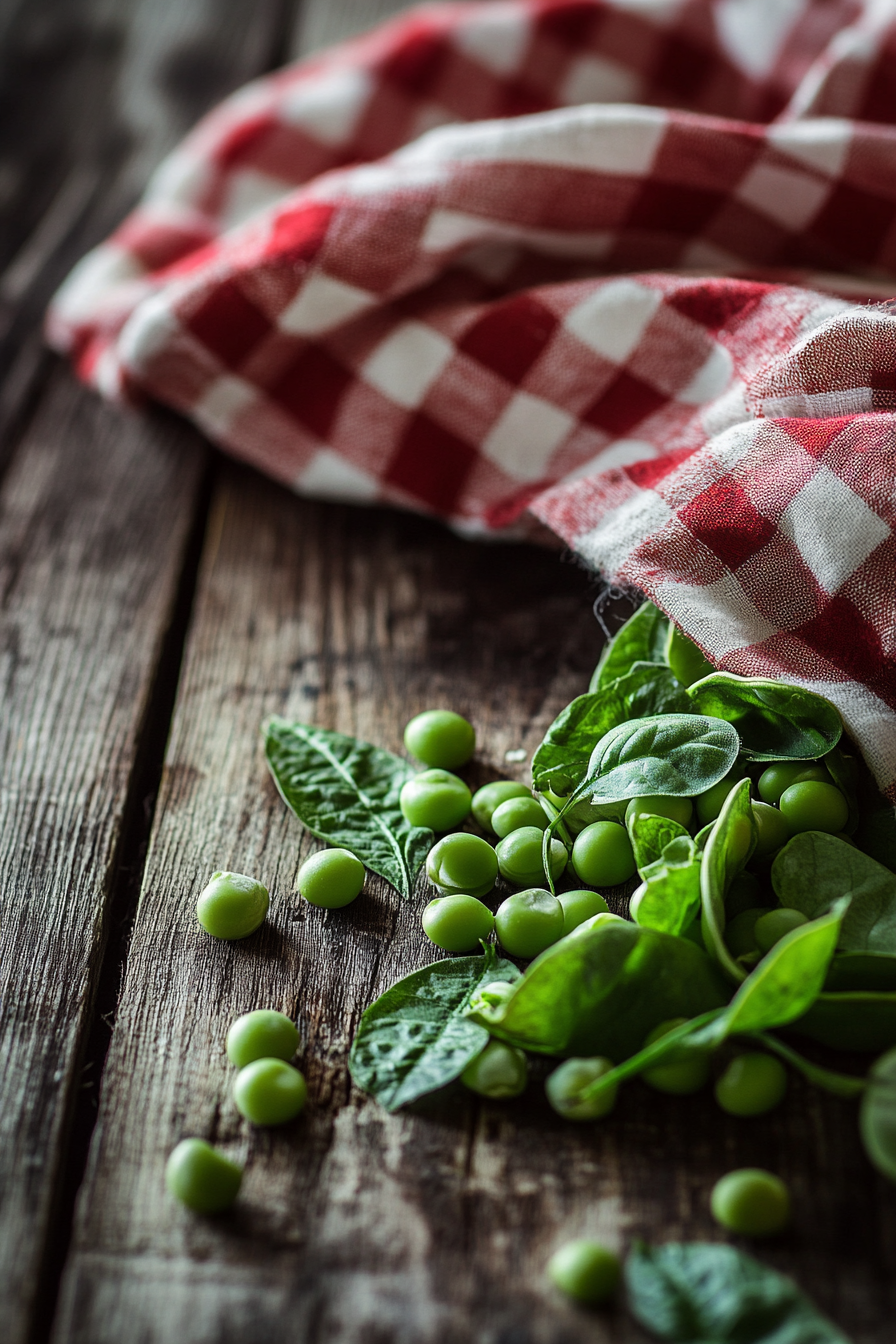 Fresh green peas and beans on table close-up.