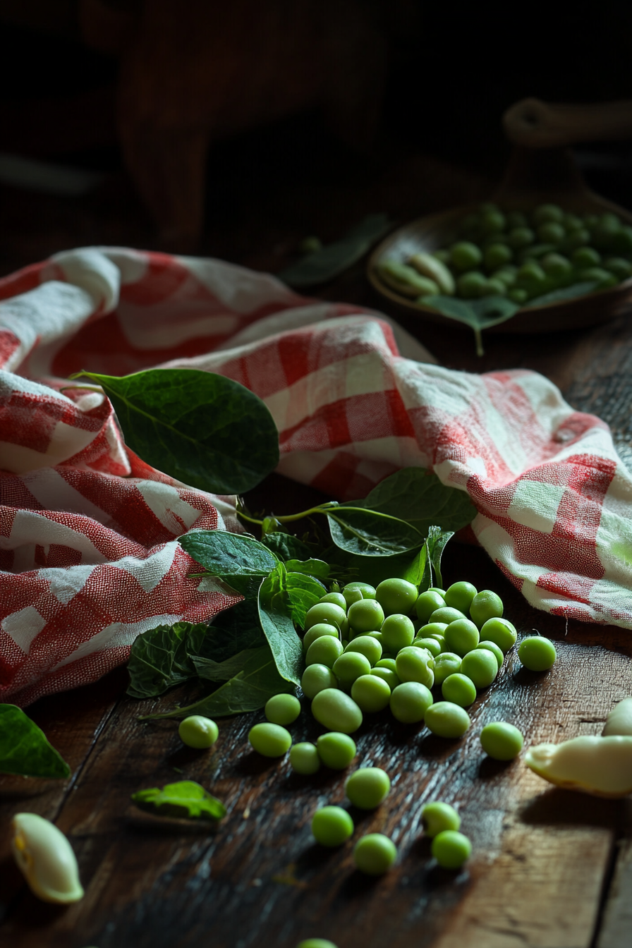 Fresh green peas and broad beans on table.