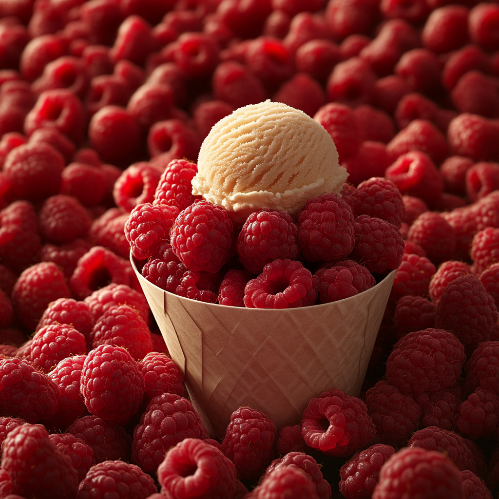 Fresh red raspberries surrounding a paper ice cream cup.