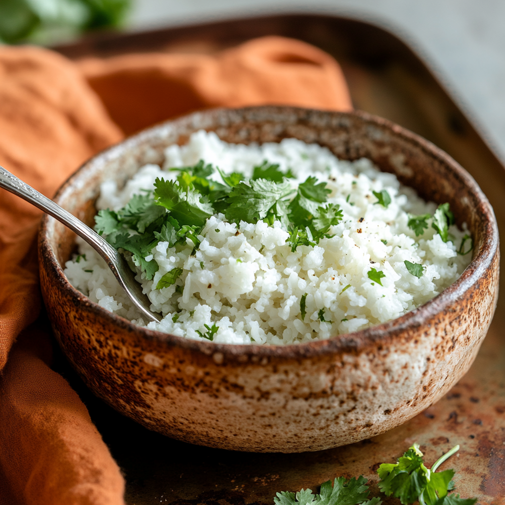 Fresh white rice with cilantro on rustic bowl