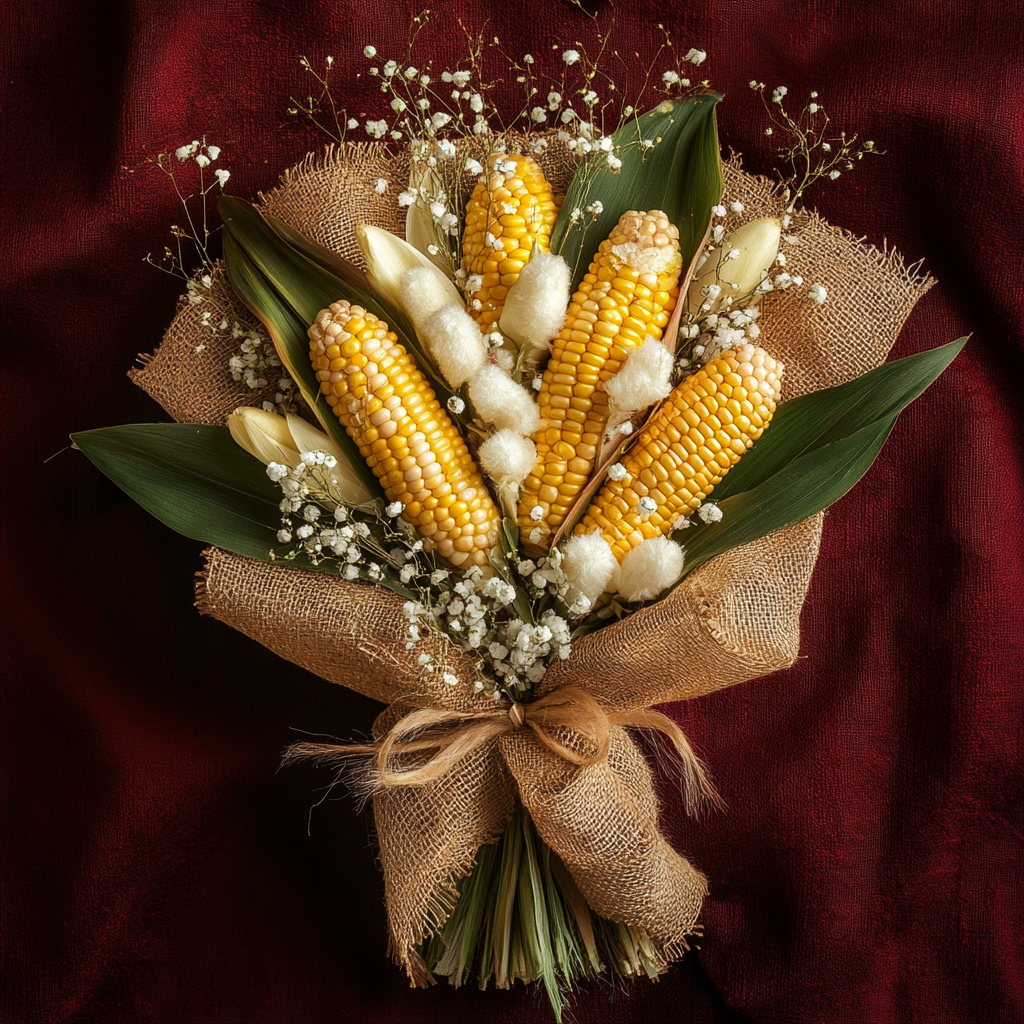 Fresh yellow and white corn bouquet on dark red.