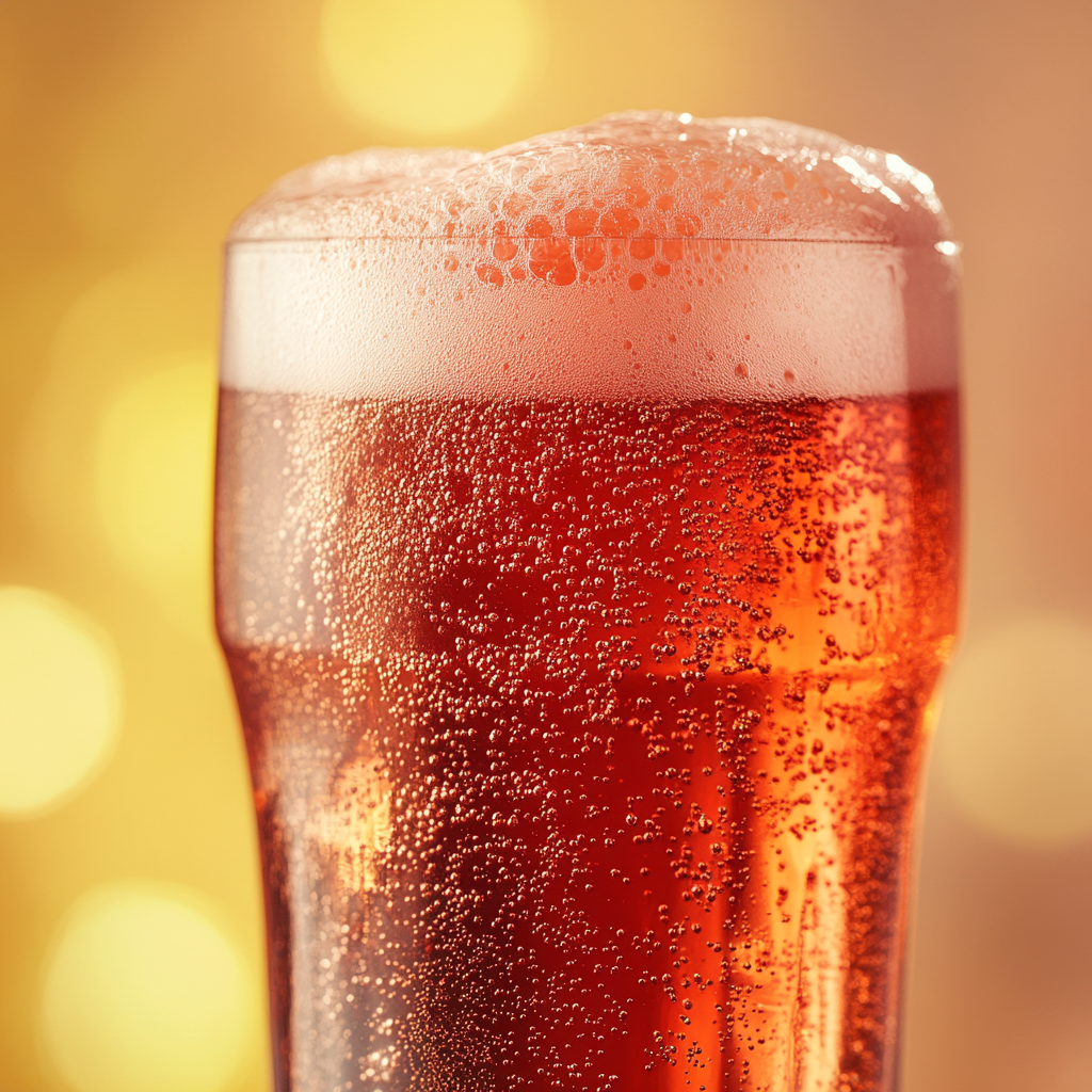 Freshly poured red soda in glass with foam