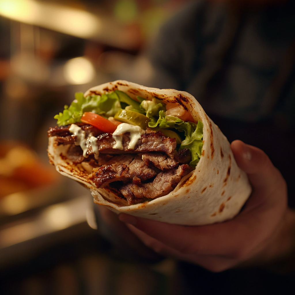 Freshly sliced shawarma wrap overflowing with juicy, seasoned meat