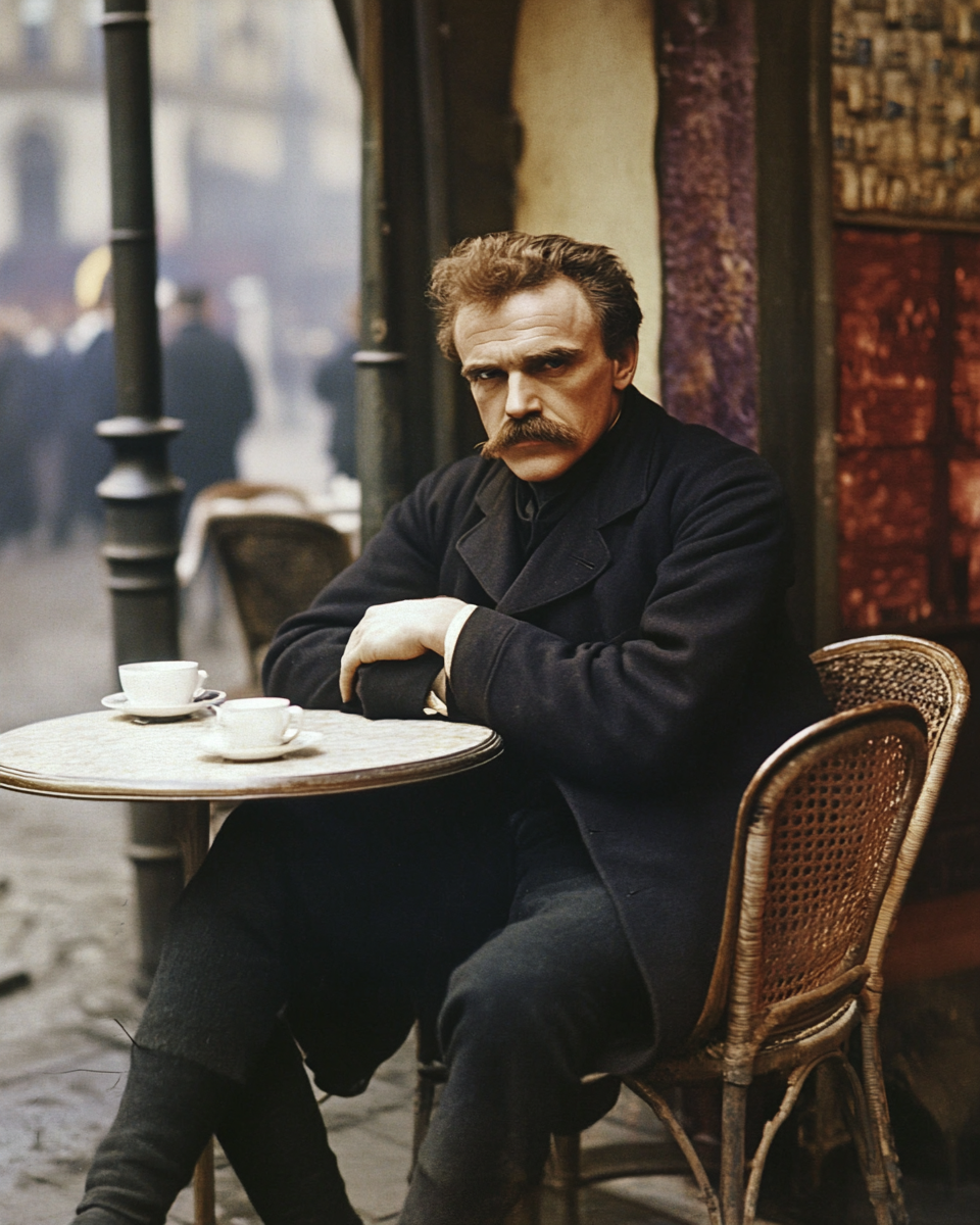 Friedrich Nietzsche pondering in Parisian cafe in 1950s.