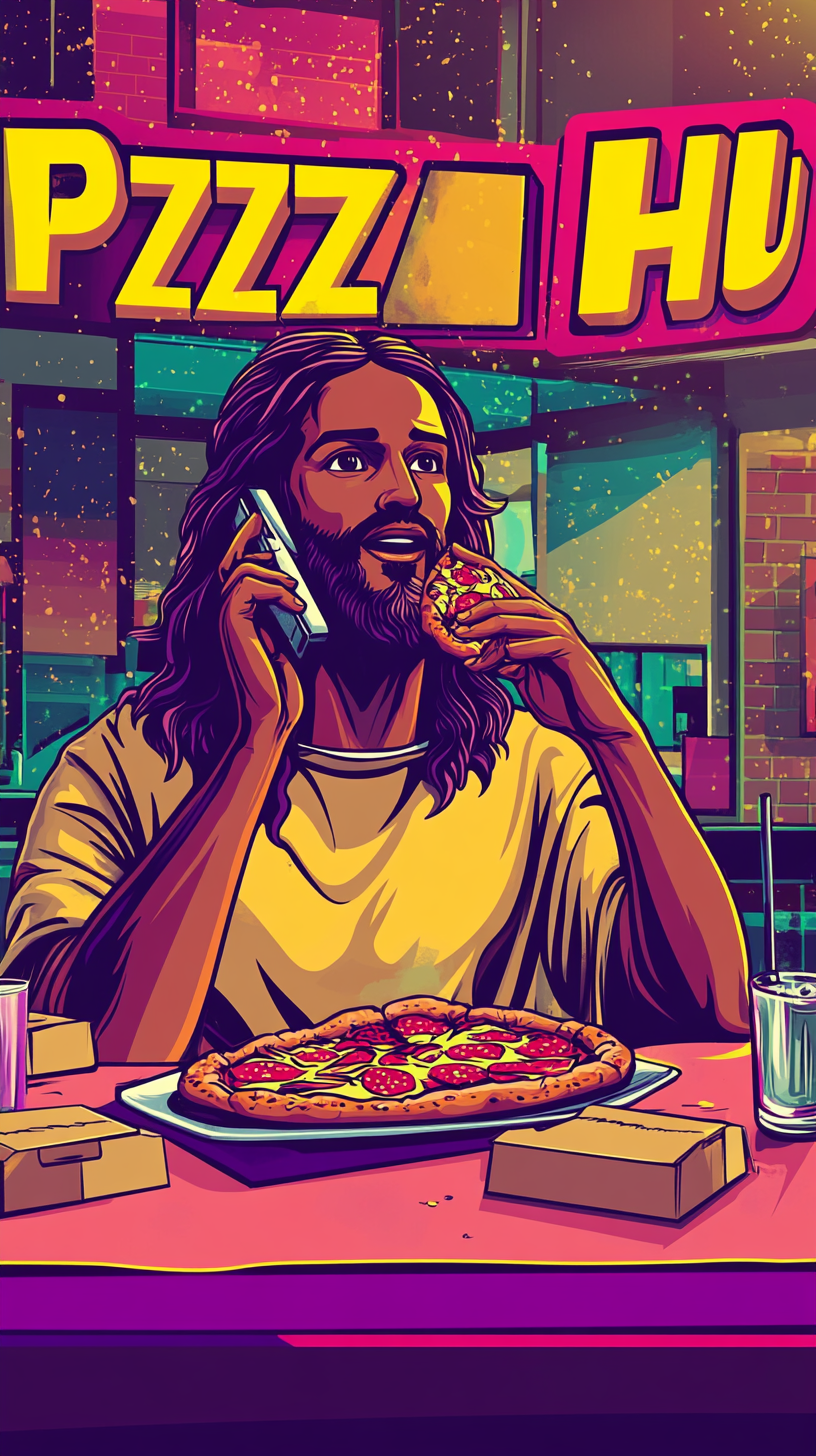 Friendly Black Jesus enjoys pizza in Pizza Hut.