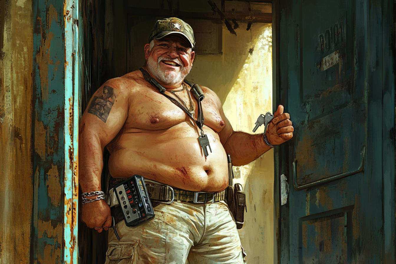 Friendly Guard Offers Keys in Guardhouse Doorway.