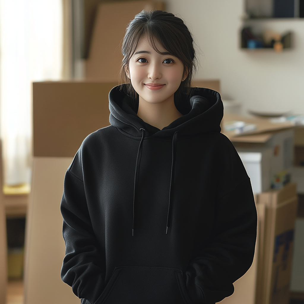 Friendly Japanese influencer supervises move-out with smile.