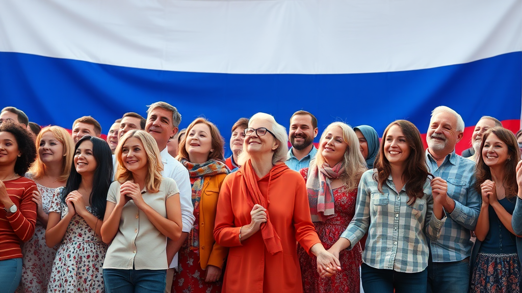 Friendly People Holding Hands in Front of Russian Flag