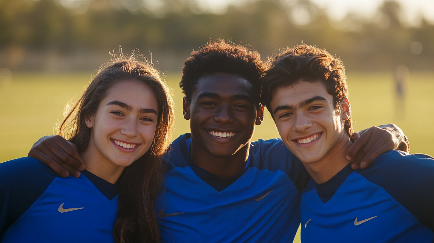 Friendly Soccer Teammates Smiling on Field