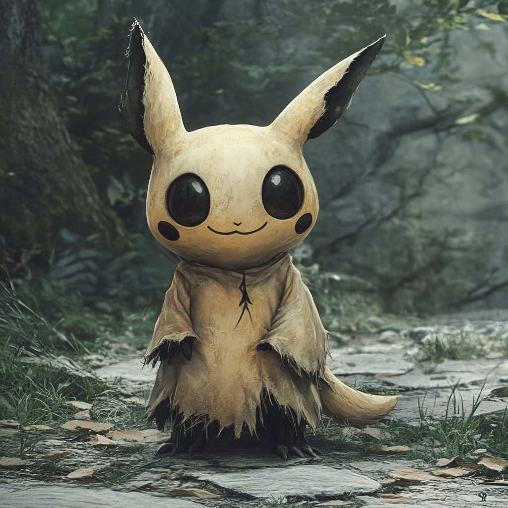 Friendly creature with features of Pikachu and Mimikyu.