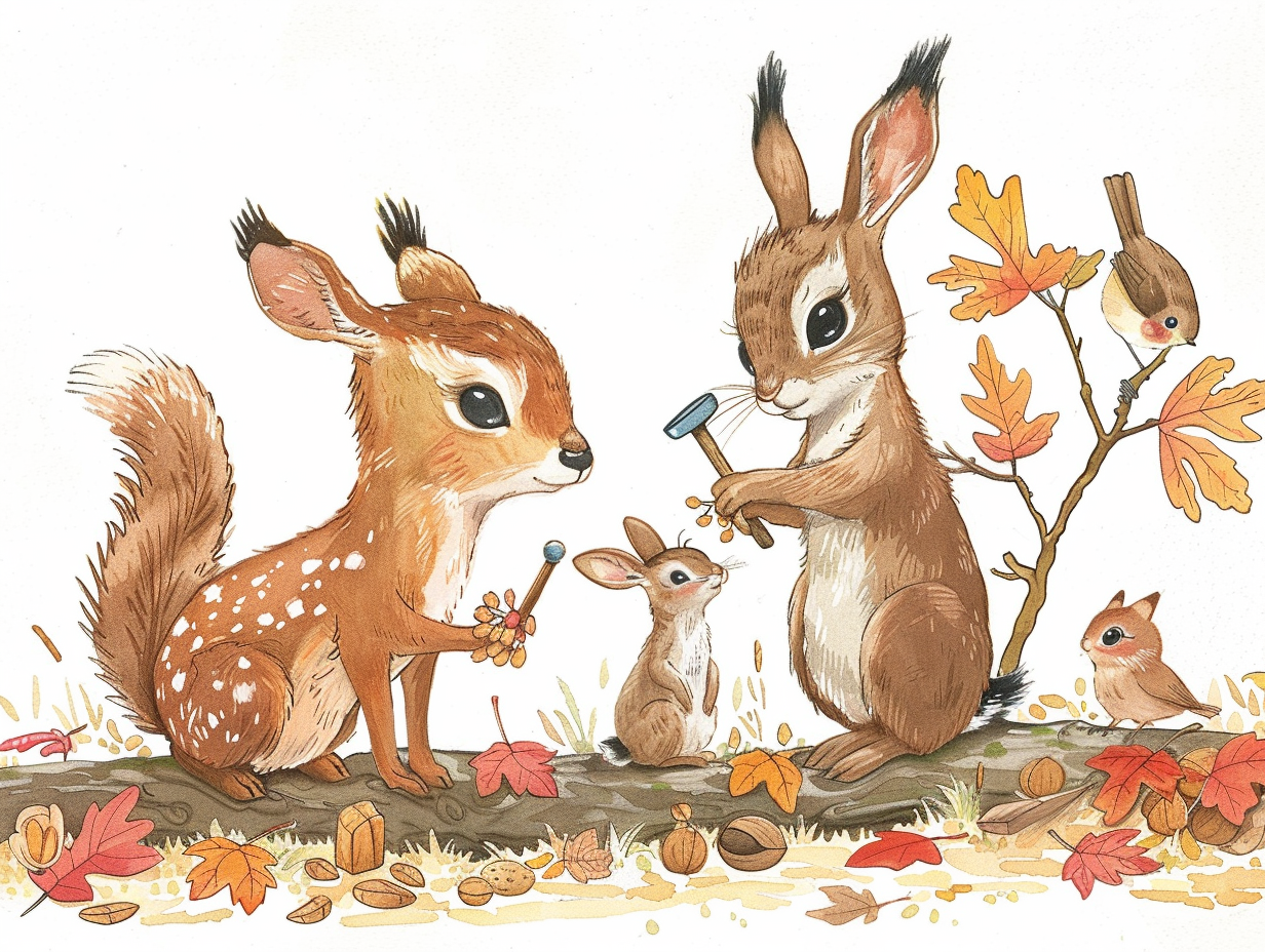 Friendly deer, squirrel, and bird helping Bunny with tools.