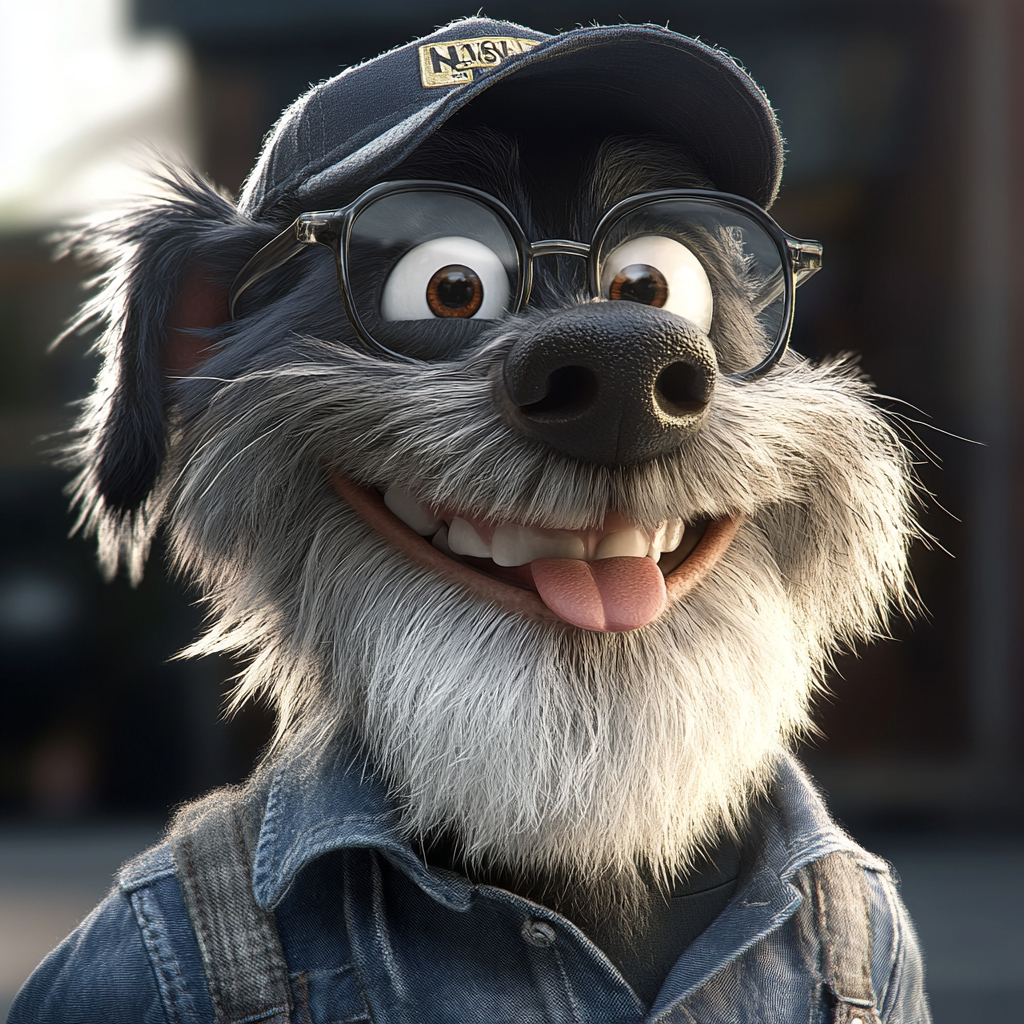 Friendly dog with glasses, cap and beard smiles.