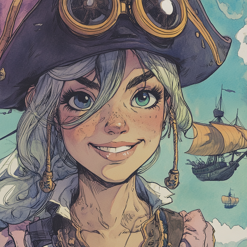 Friendly female pirate smiles with airships and islands