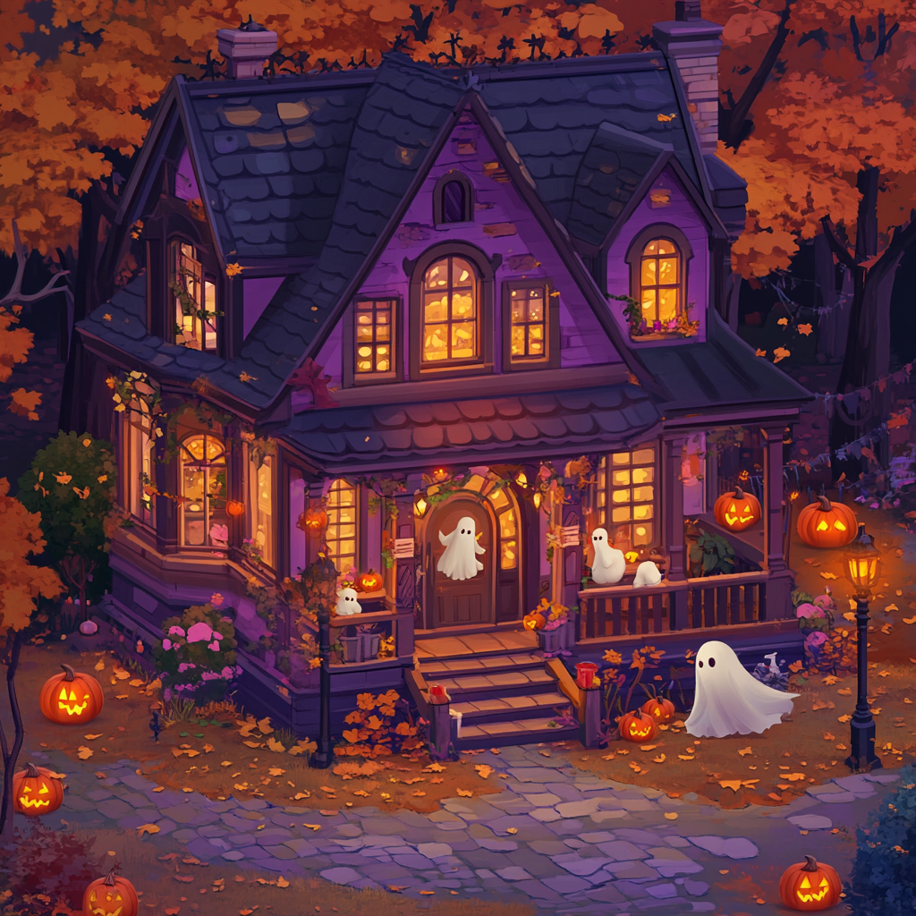 Friendly ghosts in colorful house with witch's broom.