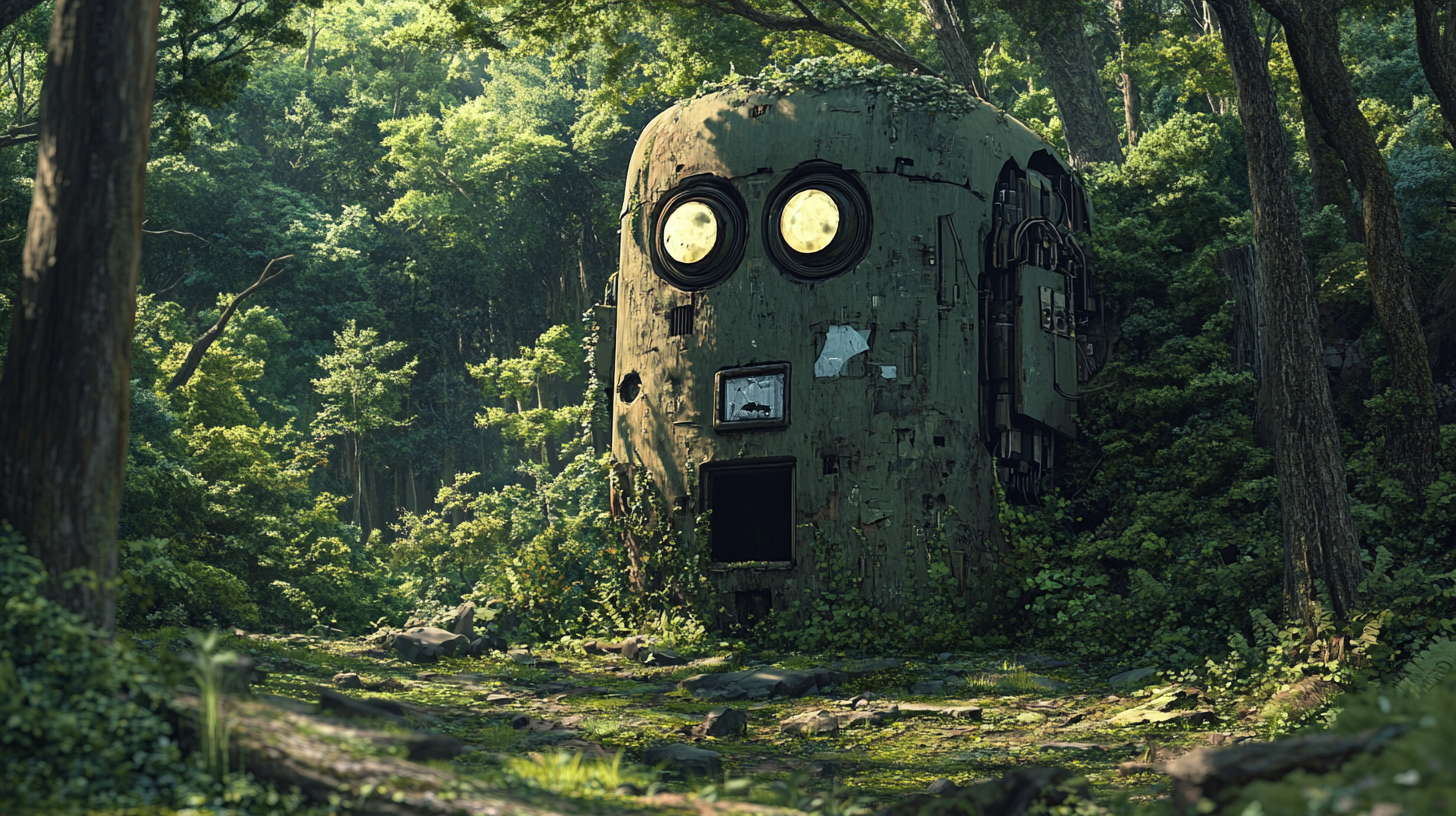 Friendly giant robot in forest with illuminated eyes.