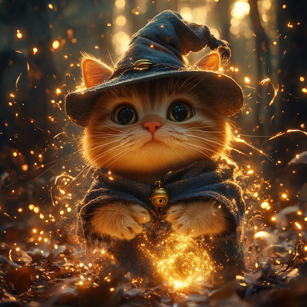 Friendly ginger cat wizard casting spells in magical grove