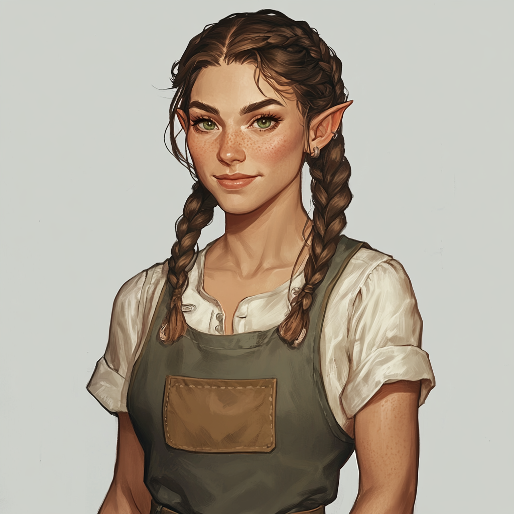 Friendly half-orc woman in apron welcomes visitors