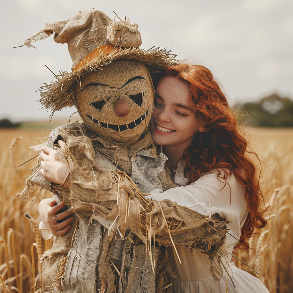 Friendly scarecrow in wheat field hugs girl, camera effects.