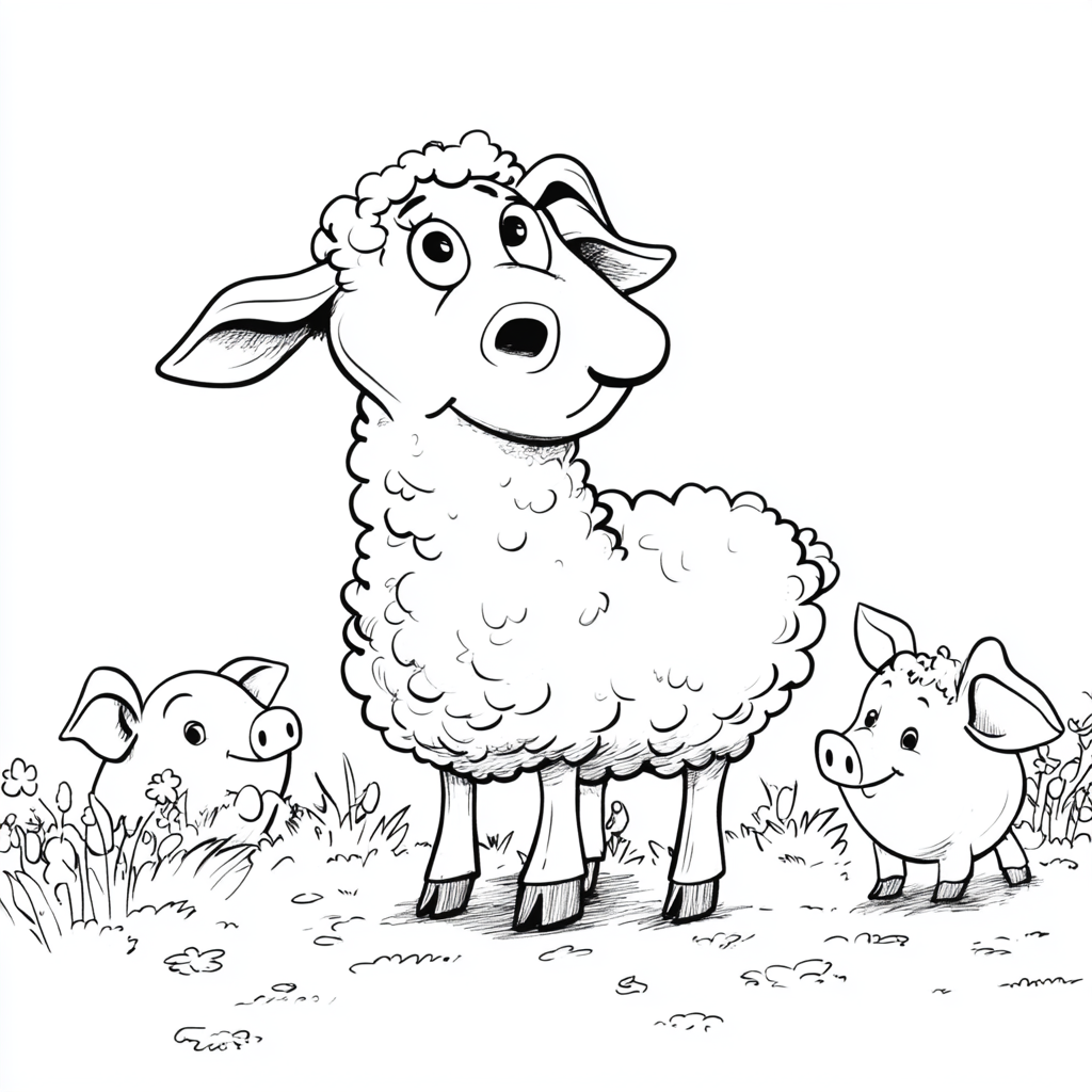 Friendly sheep in garden with pepper pigs, coloring page.